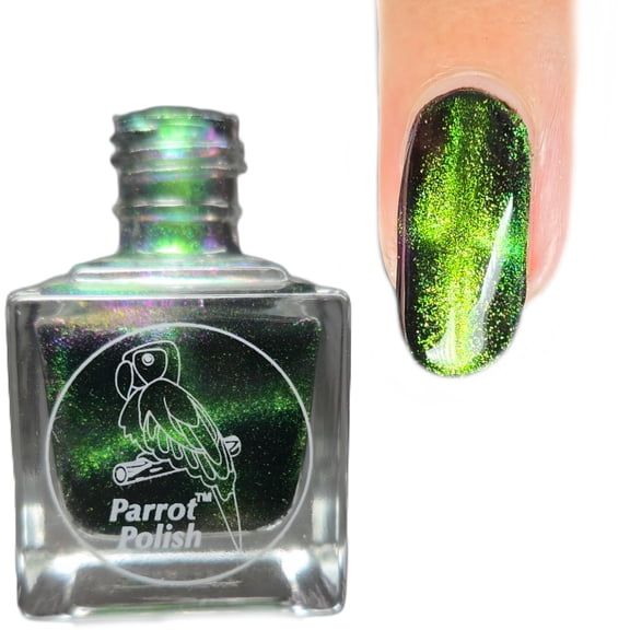 Parrot Polish Magnetic Cat's Eye Nail Polish, Quick Dry Green Black Glitter Nail Lacquer, Long Lasting Reflective Color, Bengal Cat, 0.5 Fl Oz