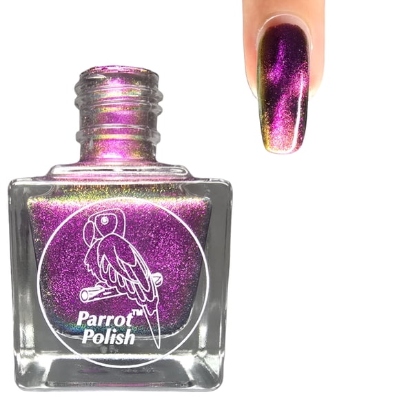 Parrot Polish Magnetic Cat's Eye Nail Polish, Quick Dry Purple Glitter Nail Lacquer, Long Lasting Reflective Color, Cheetah Cat, 0.5 Fl Oz