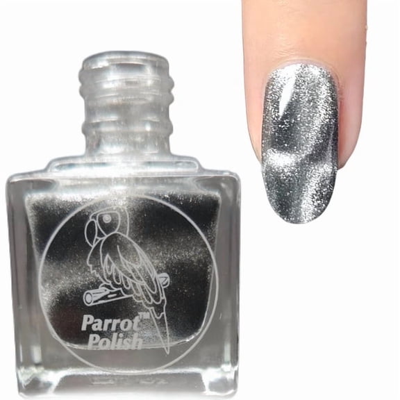 Parrot Polish Magnetic Cat's Eye Nail Polish, Quick Dry Silver Glitter Nail Lacquer, Long Lasting Reflective Color, Chartreux Cat, 0.5 Fl Oz