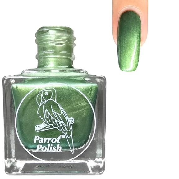Parrot Polish Shimmer Nail Polish, Quick Dry Metallic Green Fingernail Lacquer, Long Lasting Chrome Nail Enamel, Olives and Oregano, 0.5 Fl Oz