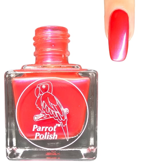 Parrot Polish Shimmer Nail Polish, Quick Dry Metallic Red Pink Fingernail Lacquer, Long Lasting Chrome Nail Enamel, Salmon I Am, 0.5 Fl Oz