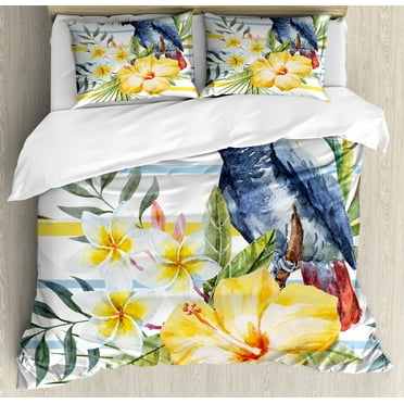 Parrot Queen Size Duvet Cover Set, Tropic Pattern with Parrot Orchids and Hibiscus Flowers Hawaiian Jungle Style Image, Decorative 3 Piece Bedding Set with 2 Pillow Shams, Multicolor, by Ambesonne