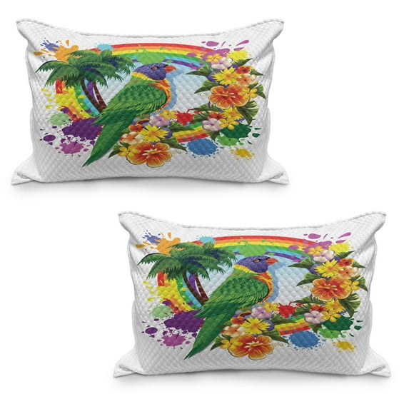 Parrot Quilted Pillowcover Set of 2, Animal Lorikeet in Rainbow Circle Palm Trees Tropical Plants Flowers Art Print, Standard Queen Size Pillow Cover for Bedroom, 30" x 20", Multicolor, by Ambesonne