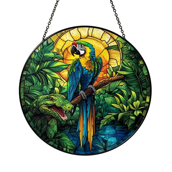 Parrot Riding A Crocodile Stained Glass Suncatcher – Artistic Jungle Animal Window Ornament, Colorful Tropical Scene, Perfect Bird Lover Gift