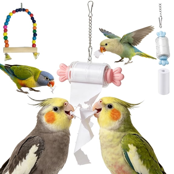 Parrot Rolling Paper Play Toy with Hanging Chain, Bird Shredding Toys for Parakeet Cockatiel Conure, Rolling Paper Holder Bird Shredding Chewing Toy, Interactive Cage Accessory for Small Birds (All)