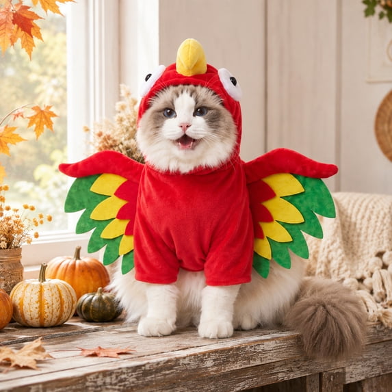 Parrot Shaped Pet Hooded Costume, Funny Full‑Body Bird Cosplay Outfit with Colorful Wing Decor, Soft Plush Pet Apparel for Halloween Holiday Party, Photo Shooting and Festival Dress‑up (S)