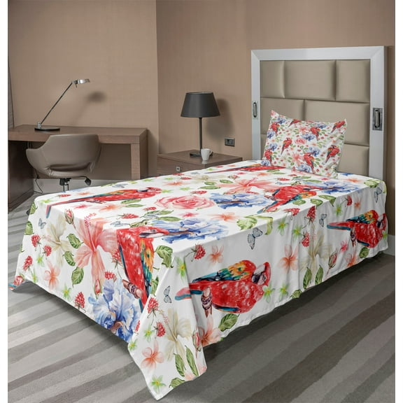 Ambesonne Colorful Fitted & Top Sheet Set with Sham, Parrots Iris and Roses, Multicolor
