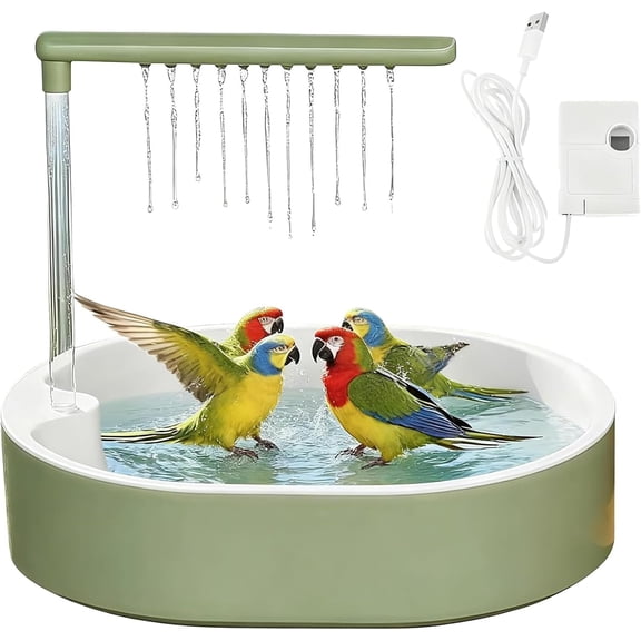 Parrot Shower,Automatic Parakeet Bird Bath with Pump,26-Hole Gentle Rain Simulated Shower with Adjustable Height and Flow Speed,Easy Clean Plastic Bathtub for Budgie, Lovebird, Cockatiel(Green)