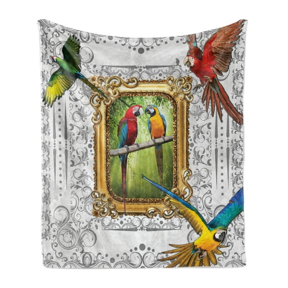 Parrot Soft Flannel Fleece Blanket, Exotic Colorful Birds on Branch and Flies Photo in Classic Antique Ornamental Frame, Cozy Plush for Indoor and Outdoor Use, 50" x 60", Multicolor, by Ambesonne