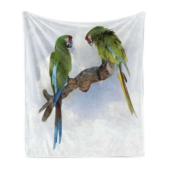 Parrot Soft Flannel Fleece Throw Blanket, 2 Parrot Macaw on a Branch Talking Birds Clever Creatures of the Nature, Cozy Plush for Indoor and Outdoor Use, 70" x 90", Green White Brown, by Ambesonne