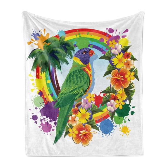 Parrot Soft Flannel Fleece Throw Blanket, Animal Lorikeet in Rainbow Circle Palm Trees Tropical Plants Flowers Art Print, Cozy Plush for Indoor and Outdoor Use, 70" x 90", Multicolor, by Ambesonne