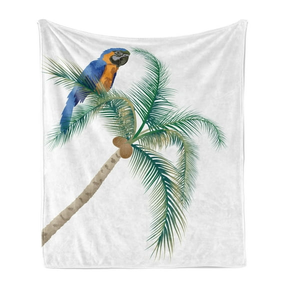 Parrot Soft Flannel Fleece Throw Blanket, Big Parrot Sitting on Coconut Tree Talkative Character of Exotic Design, Cozy Plush for Indoor and Outdoor Use, 60" x 80", White Brown Green, by Ambesonne