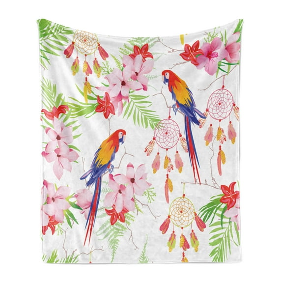 Parrot Soft Flannel Fleece Throw Blanket, Forest Animal and Native Dreamcatchers Folk Artwork Exotic Design, Cozy Plush for Indoor and Outdoor Use, 50" x 70", Multicolor, by Ambesonne