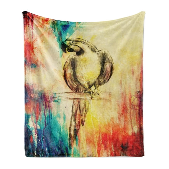 Parrot Soft Flannel Fleece Throw Blanket, Grunge Parrot Vintage Paper Background Smart Talkative Flying Mascots Print, Cozy Plush for Indoor and Outdoor Use, 70" x 90", Multicolor, by Ambesonne