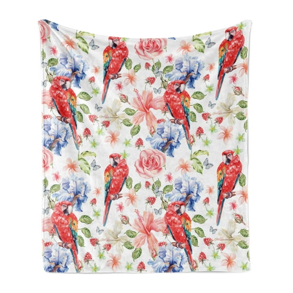 Parrot Soft Flannel Fleece Throw Blanket, Pastel Colored Parrots Iris and Roses on Berry Background Retro Inspired Romantic, Cozy Plush for Indoor and Outdoor Use, 70" x 90", Multicolor, by Ambesonne