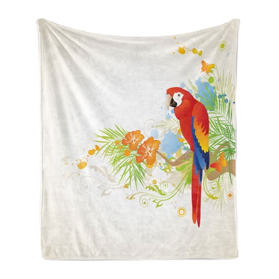 Parrot Soft Flannel Fleece Throw Blanket, Summer Background with Floral Ornaments and Wise Smart Parrot on Tree Branch, Cozy Plush for Indoor and Outdoor Use, 70" x 90", Cream Red Green, by Ambesonne
