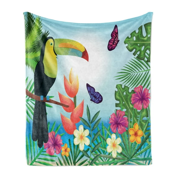 Parrot Soft Flannel Fleece Throw Blanket, Tropical Paradise Flower Blossoms Leaves with Flying Butterflies in Cartoon Style, Cozy Plush for Indoor and Outdoor Use, 70" x 90", Multicolor, by Ambesonne