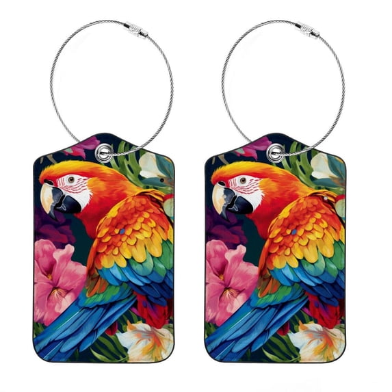 Parrot Square PU Leather Luggage Tags - 2 Pack with Privacy Cover and Stainless Steel Ring - Suitable for Travel, Backpack, Handbag - Suitcase Tags, Travel Tag