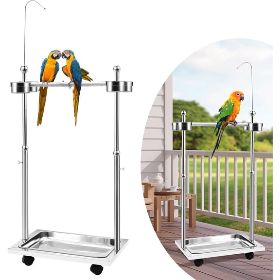Parrot Stand Bird Play Stand Large Metal Stainless Steel Bird Playstand Adjustable Height Perch with Universal Wheels and Feeding Bowls