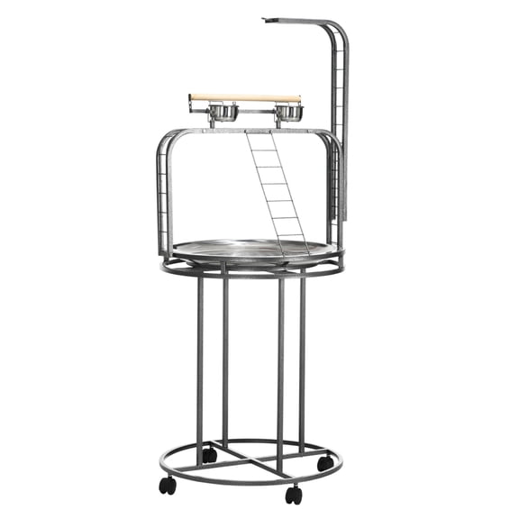 Parrot Stand Large Perch Stand with Toy Hook & 3 Ladders, Parrot Perch with Easy Grip, Wooden Stand, Gray