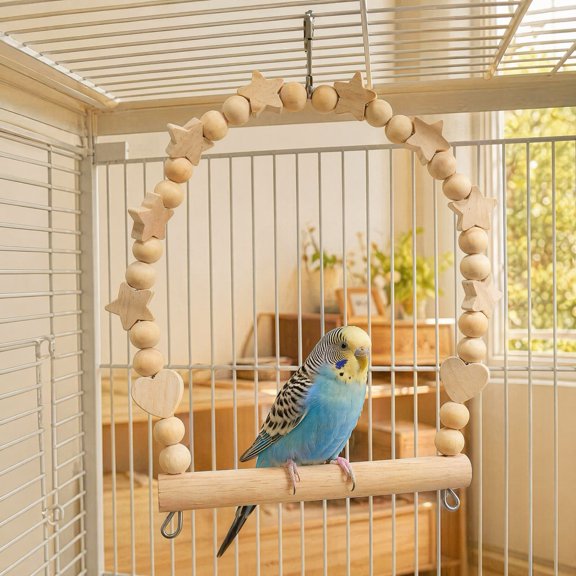 Parrot Swing Perch, Solid Wood Perch Pole, Wooden Blocks And Beads Arch, Unpainted Bird Swing Toy for Small Medium Parrots