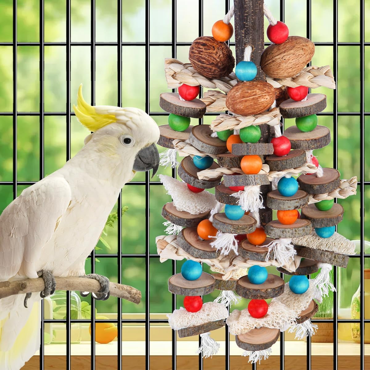 Parrot Toys Bird Chewing Toys-Natural Nuts Corn Loofah Wooden Bird Cage Toy for African Grey, Macaws, Conure, Cockatoos, Cockatiel, Amazon Parrots and Other Birds
