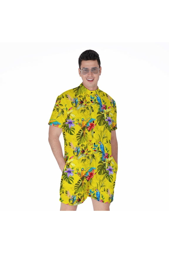 Parrot Tropical Pattern Short Sleeve Men'S Rompers, Aloha Tropical Hawaiian Casual Summer Jumpsuits Outfit