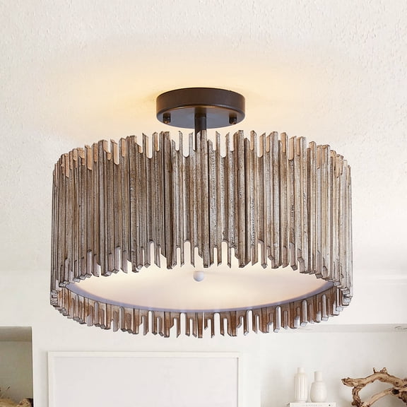 Parrot Uncle 16" Farmhouse Drum Dimmable Semi-Flush Mount Ceiling Light, 3-Light Low-Profile Ceiling Light