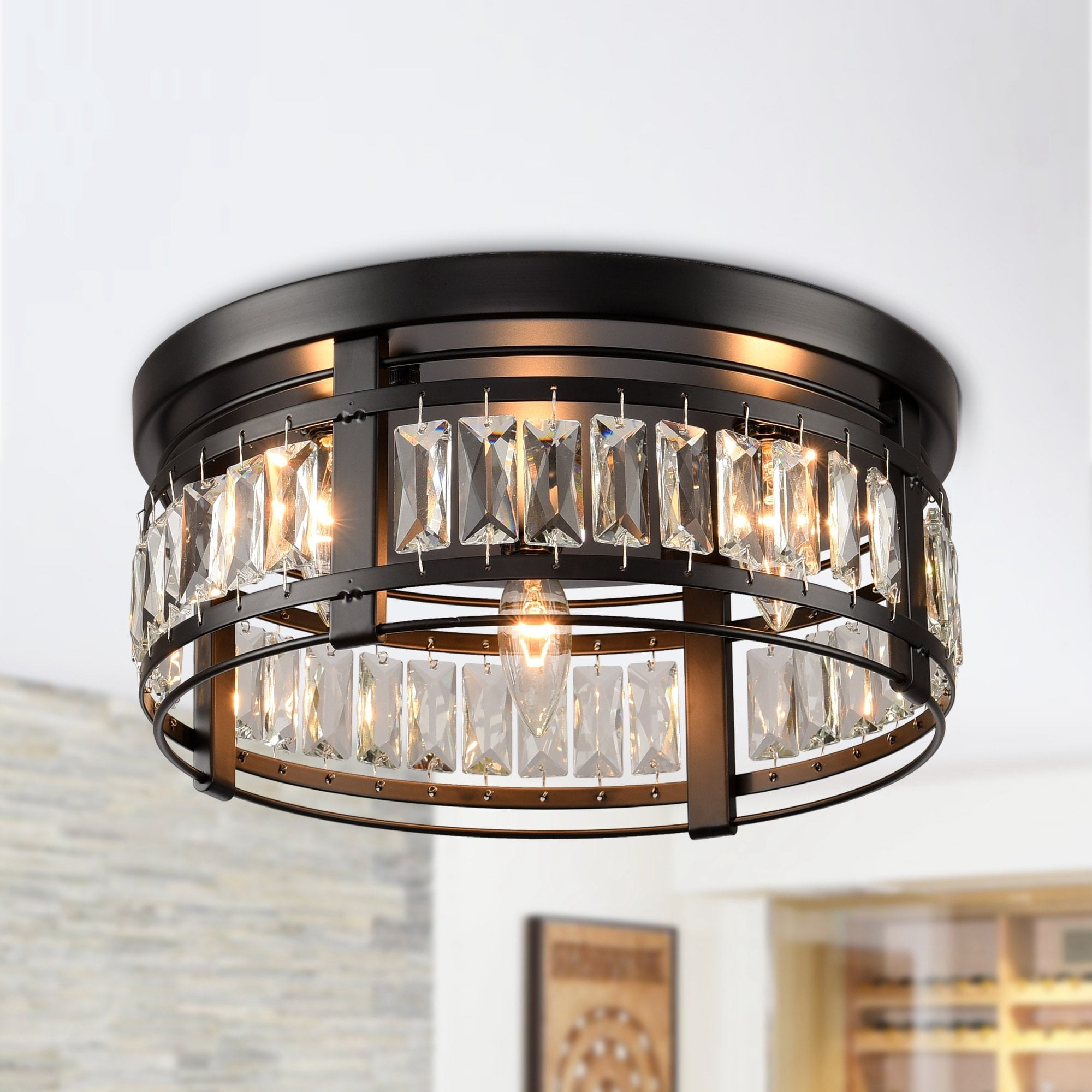 Matte Black Crystal Drum Flush Mount Ceiling Light
