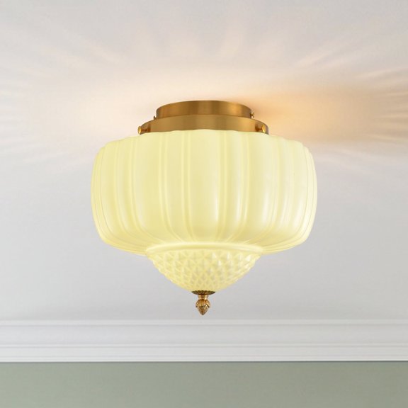 Parrot Uncle 14" Schoolhouse Flush Mount Ceiling Light, Ribbed Opal Glass & Gold Base, 3-Light Vintage Close-to-Ceiling Fixture for Low Ceilings, Hallway, Kitchen & Bedroom