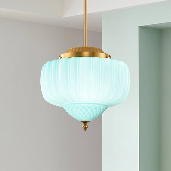 Parrot Uncle 14" Schoolhouse Pendant Light with Ribbed Mint Glass Shade, Adjustable Hanging Ceiling Fixture for Kitchen Island, Dining Room, and Entryway