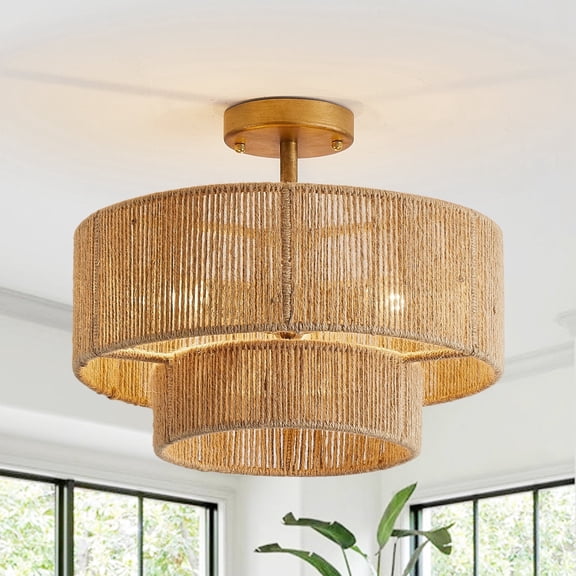 Parrot Uncle 15" Boho Handwoven Rope Semi Flush Mount Ceiling Light, Coastal 2-Tier Drum Light Fixture for Bedroom Living Room