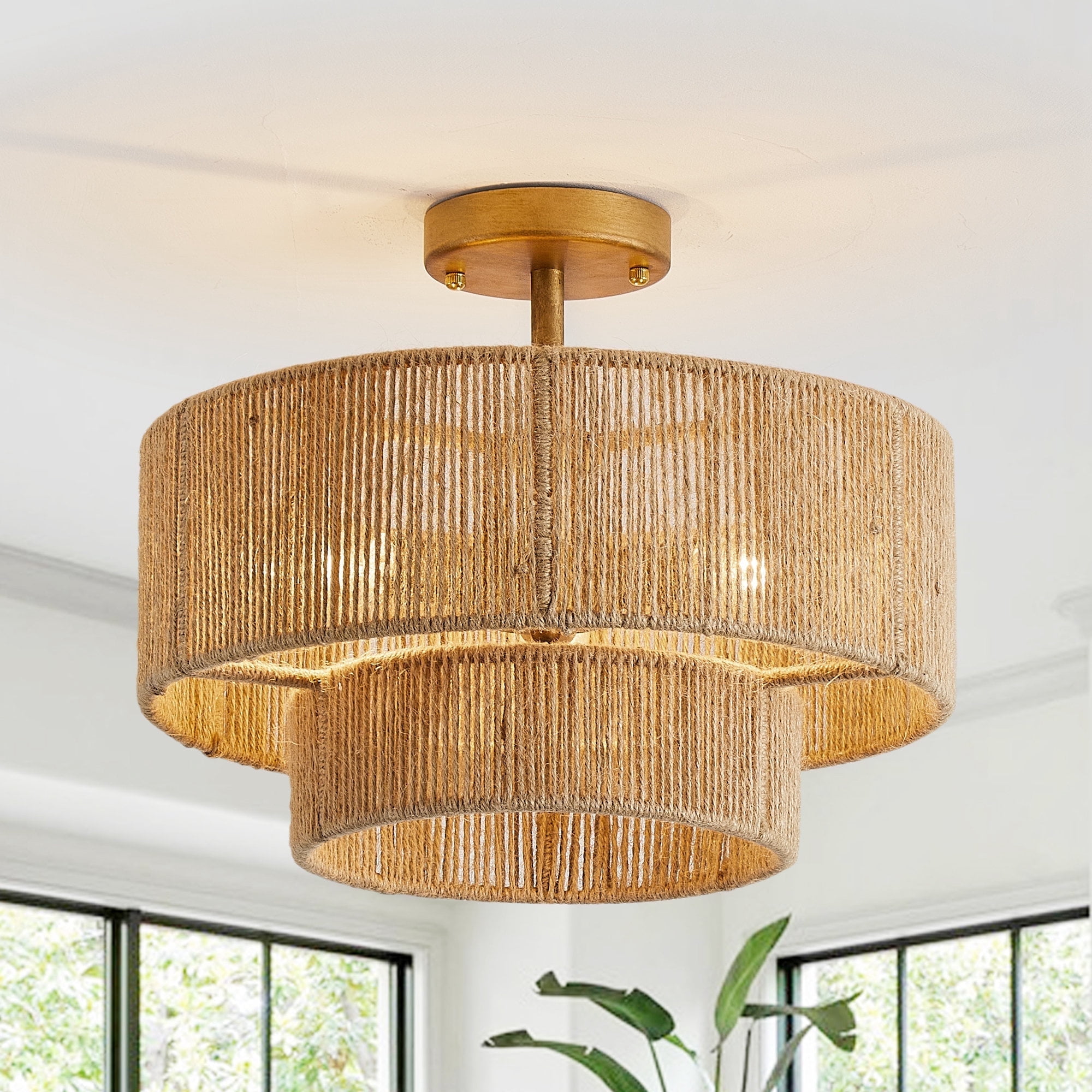Parrot Uncle 15.4" Boho Hemp Rope Semi-Flush Mount Retro Gold Ceiling Lights Fixture