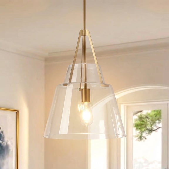 Parrot Uncle 15" Modern Gold Dimmable Pendant Light with Funnel Glass Shade, 1-Light Hanging Light for Kitchen Island & Dining Room
