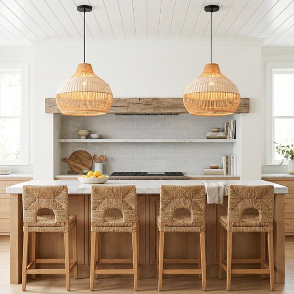 Parrot Uncle 17" Boho Natural Handwoven Rattan Pendant Light, Coastal 1-Light Hanging Light with Adjustable Cord for Dining Room & Bedroom