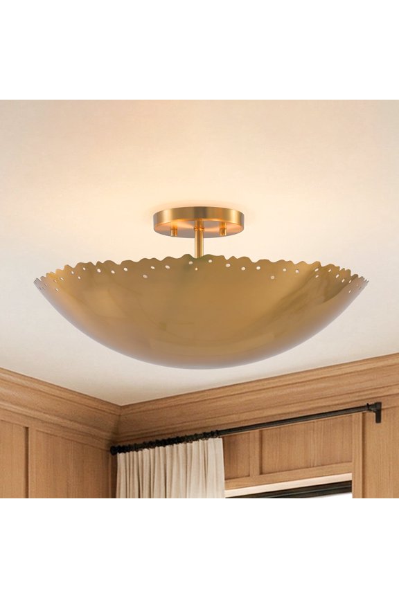 17" Vintage Brushed Gold Semi-Flush Mount Ceiling Light, 3-Light Bowl Low-Profile Ceiling Light Fixture with Metal Shade