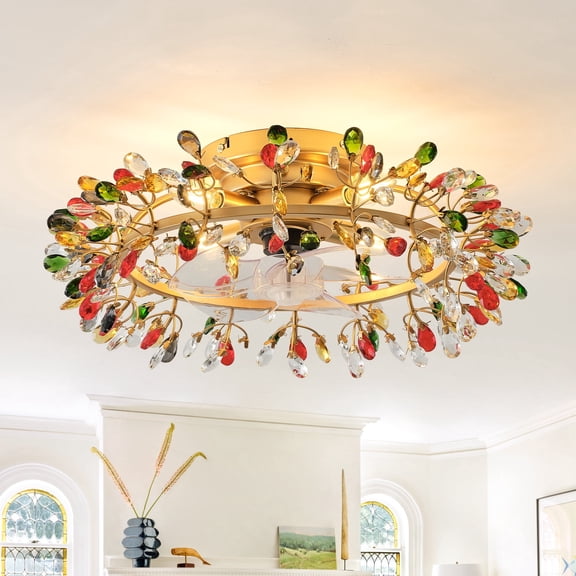 Parrot Uncle 23" Glam Crystal Flush Mount Ceiling Fan with Remote, Gold Caged Chandelier Fan with Multi-Color Crystals for Bedroom & Living Room