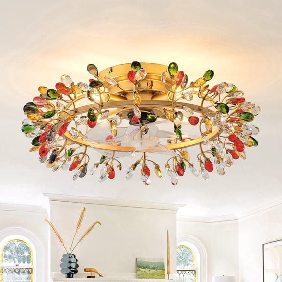 Parrot Uncle 23" Glam Crystal Flush Mount Ceiling Fan with Remote, Gold Caged Chandelier Fan with Multi-Color Crystals for Bedroom & Living Room