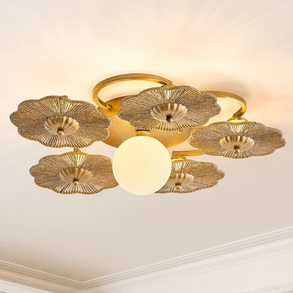 Parrot Uncle 24" Boho Raffia Rope Flower Flush Mount Ceiling Light, Low Profile Distressed Gold Light Fixture, G9 Bulb Included