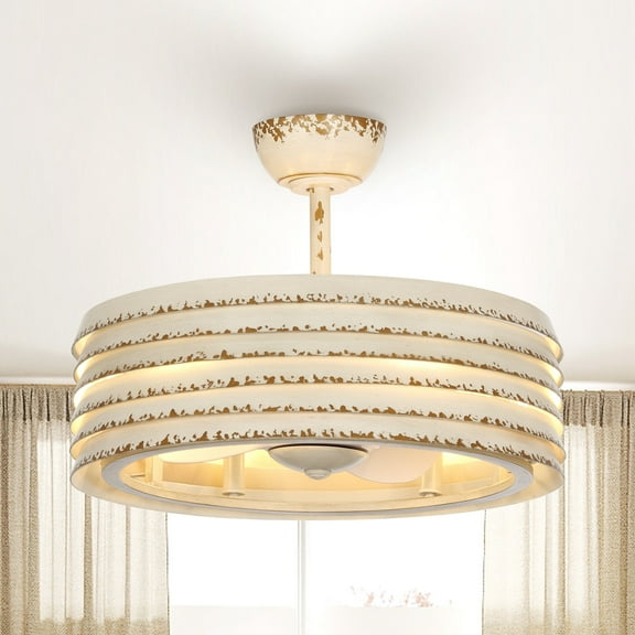 Parrot Uncle 24" Distressed White Drum Ceiling Fan with Remote and Light Kit, Bedroom DC Motor Ceiling Fan