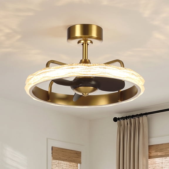 Parrot Uncle 24" Modern Gold Bladeless LED Halo Ceiling Fan with Light and Remote, Bubble Acrylic Shade, Quiet Reversible DC Motor, Dimmable 3CCT LED Light