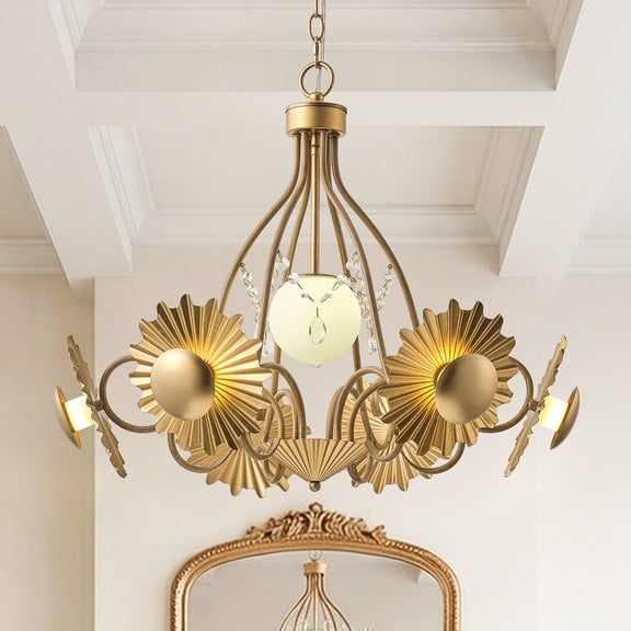 Parrot Uncle 27" Vintage Gold 7-Light Crystal LED Sunburst-Inspired Chandelier for Dining Room, Living Room, Bedroom