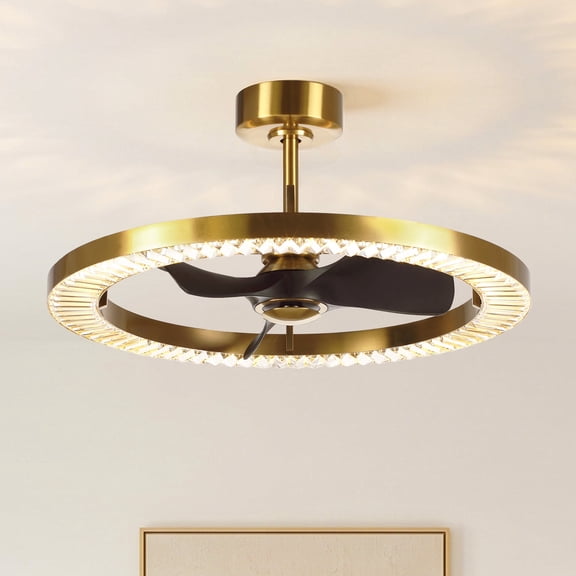Parrot Uncle 32" Modern Gold Crystal Bladeless Dimmable LED Ceiling Fan with Remote Control, 6-Speed Reversible DC Motor, for Bedroom