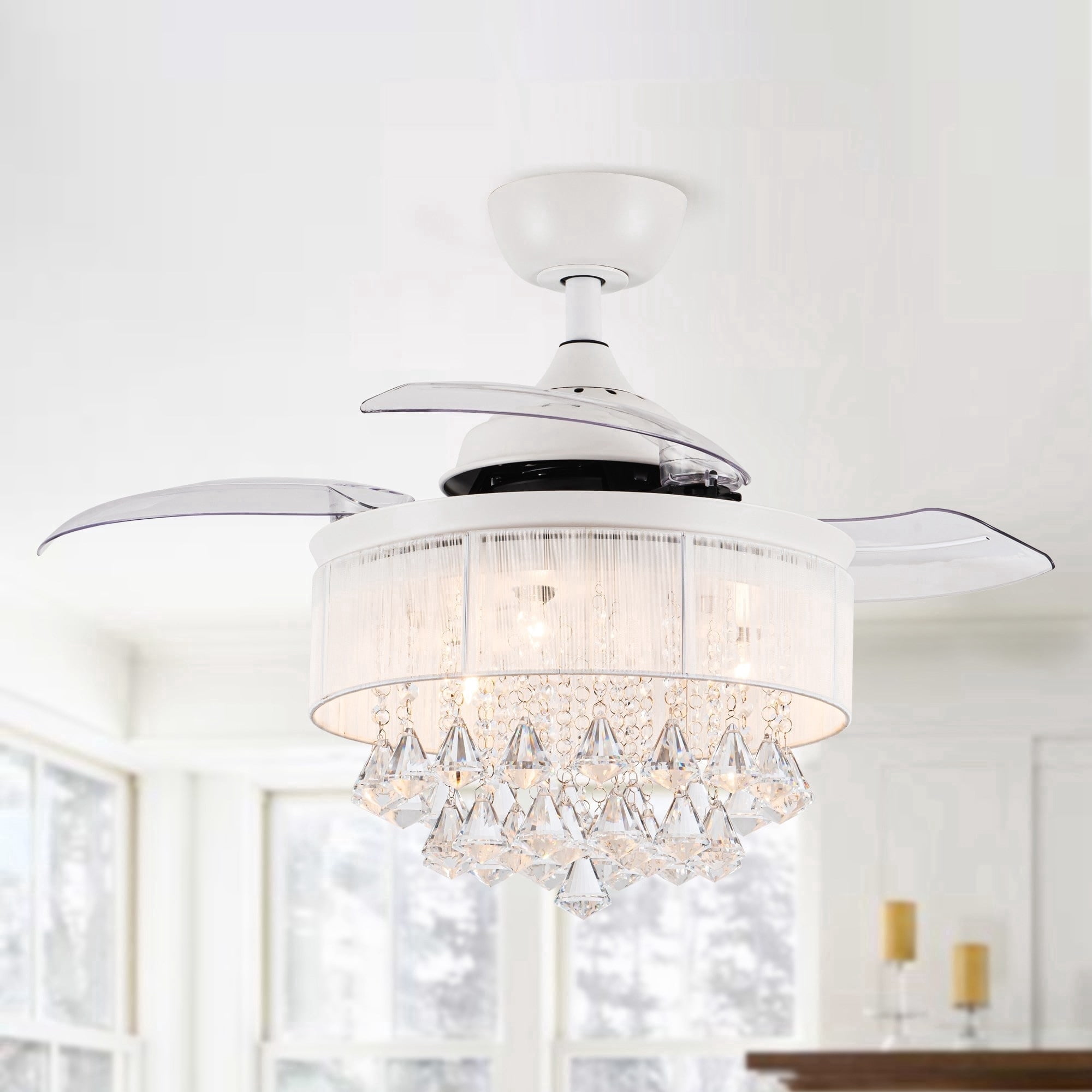 Parrot Uncle 36" Modern White Retractable 3-blade Crystal Ceiling Fan with Remote,  Glam Indoor Chandelier Fan