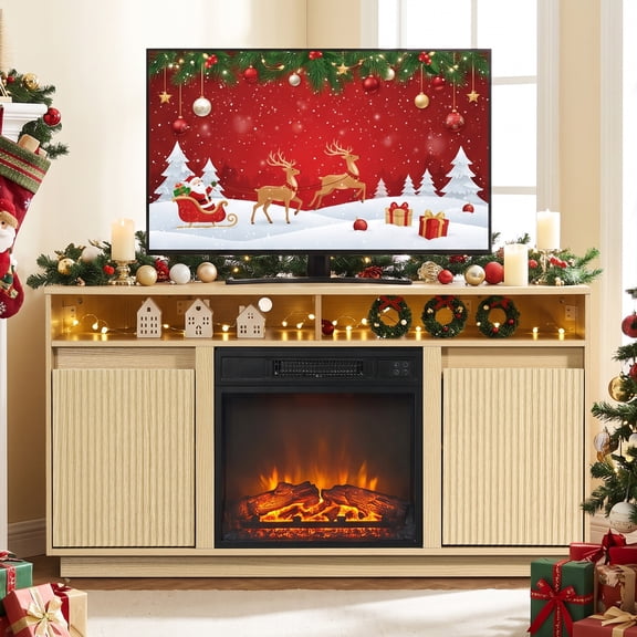 Parrot Uncle 47" Fluted Corner Fireplace TV Stand for TVs up to 55", Corner Media Console with 18" Electric Fireplace