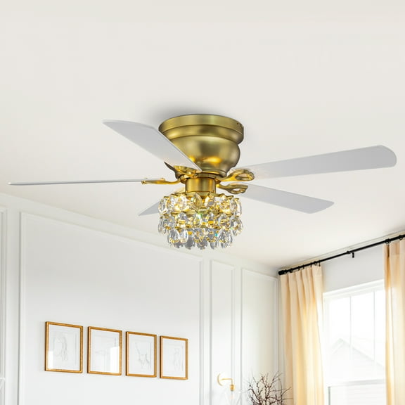 48" Modern Crystal Flush Mount Ceiling Fan with Remote Control, Brushed Brass 3-Light Low-Profile Ceiling Fan, 3-Speed Reversible AC Motor & Timer