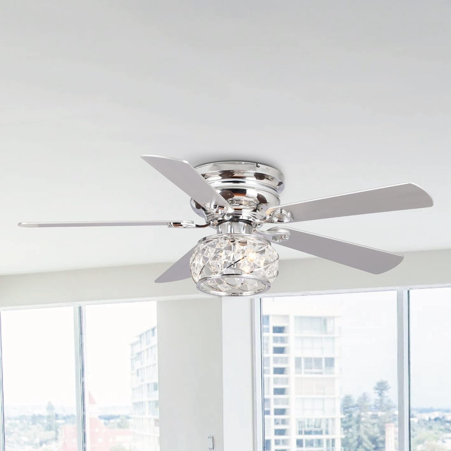 Parrot Uncle 48 inch Modern Crystal Flush Mount Ceiling Fan with Light and Remote Control