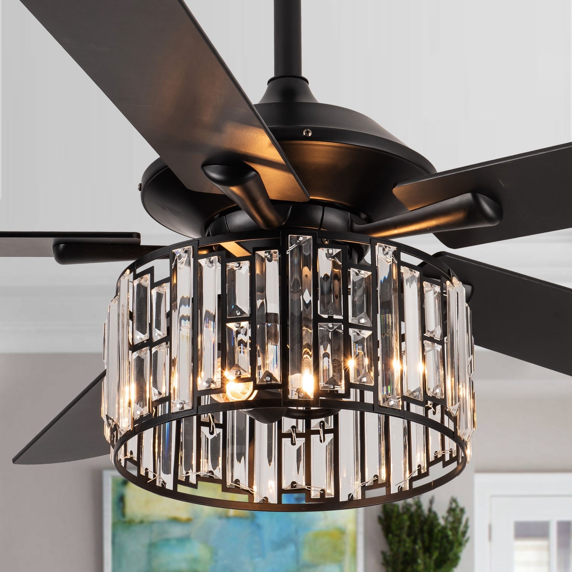 Black Crystal Chandelier Ceiling Fan with Remote and Lighting