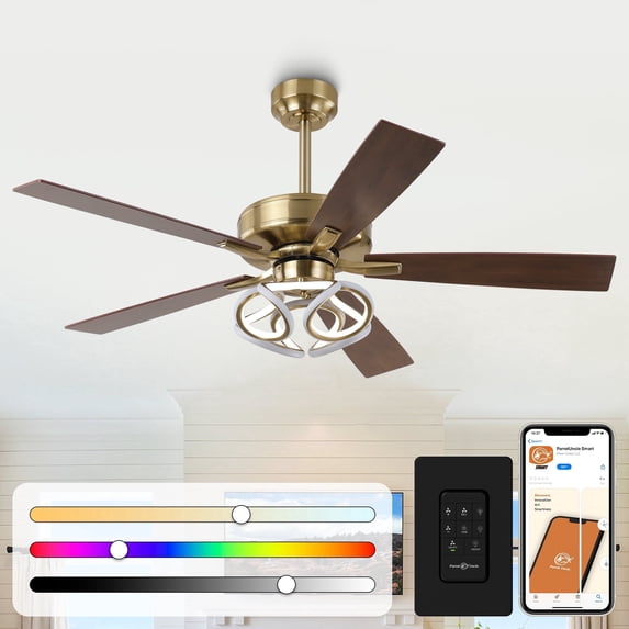 Parrot Uncle 52" Farmhouse Gold RGB LED Smart Ceiling Fan with Remote Control, Double-Sided Blades