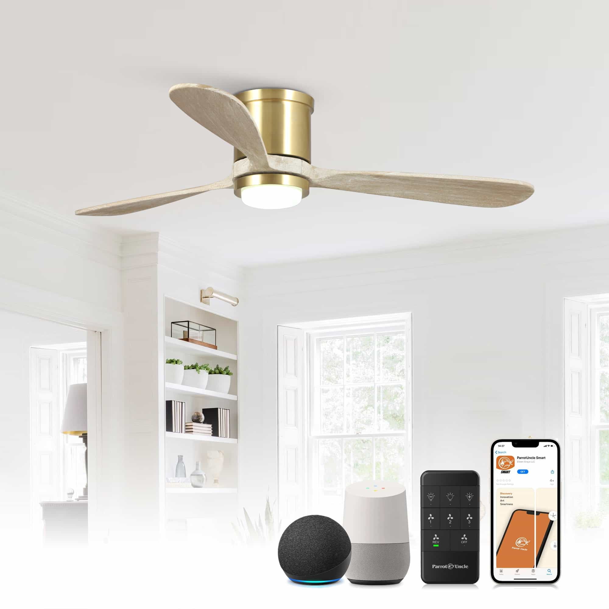 Golden Low Profile Ceiling Fan with LED Light and Remote